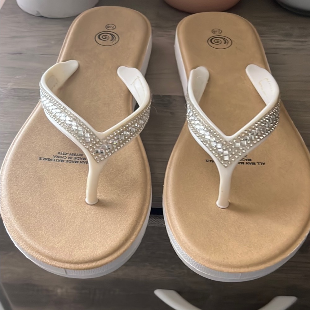 White and Gold Sandals with Rhinestone Embellishments